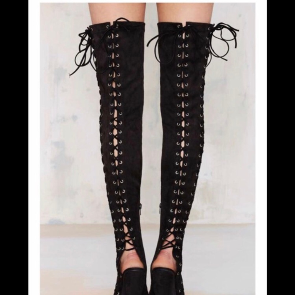 Jeffrey Campbell Black Lace Up Thigh High Boots - Picture 4 of 7